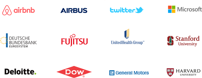 Airbnb Airbus Accenture Microsoft Fujitsu EY PWC Deloitte General Motors Harvard University Stanford University Dow Chemical Zeiss Optics UnitedHealth Twitter